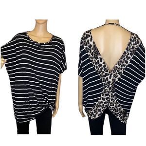 Coco Kelly Striped Blouse With Open Back Black White Leopard Detail Size 3X